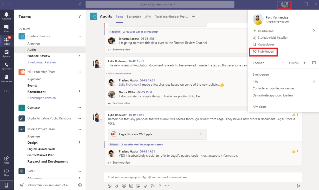 Screenshot Microsoft Teams instellingen