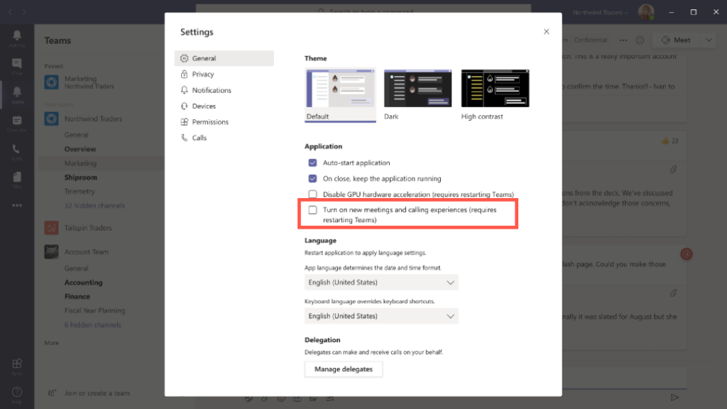 Screenshot Microsoft Teams nieuwe vergaderopties aanzetten
