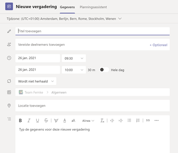 Screenshot Nieuwe vergadering MS Teams