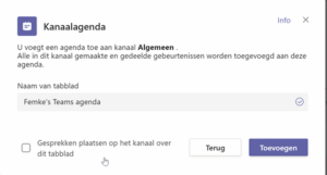 Screenshot MS Teams Kanaalagenda toevoegen