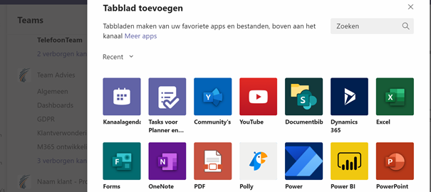 Screenshot Microsoft Teams Tabblad toevoegen