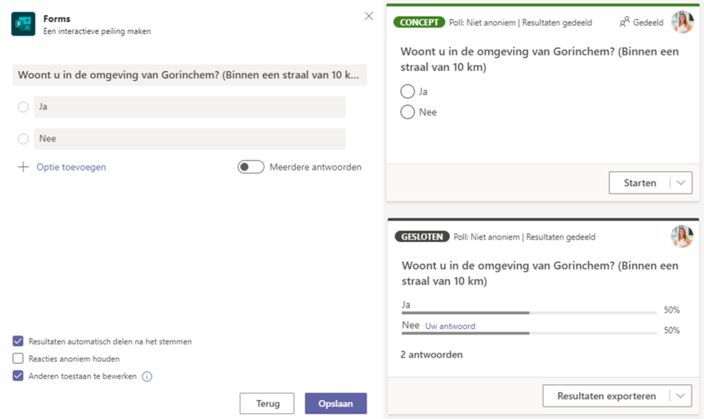 Screenshot Teams voorbeeld poll