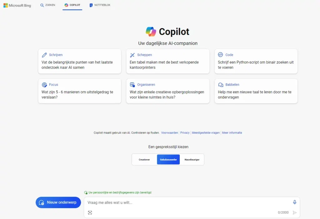 Voorbeeld Copilot Bing screenshot