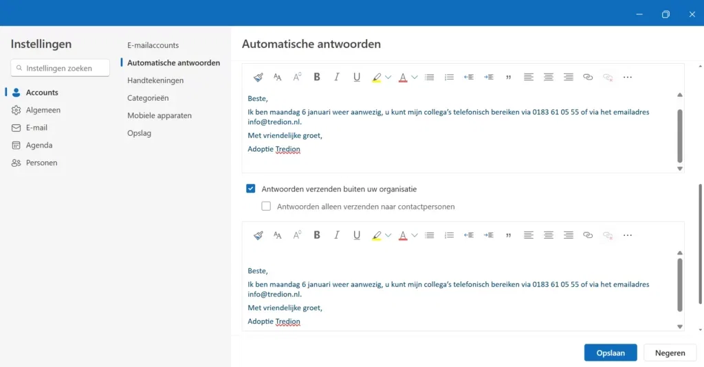 Automatische antwoorden bericht instellen
